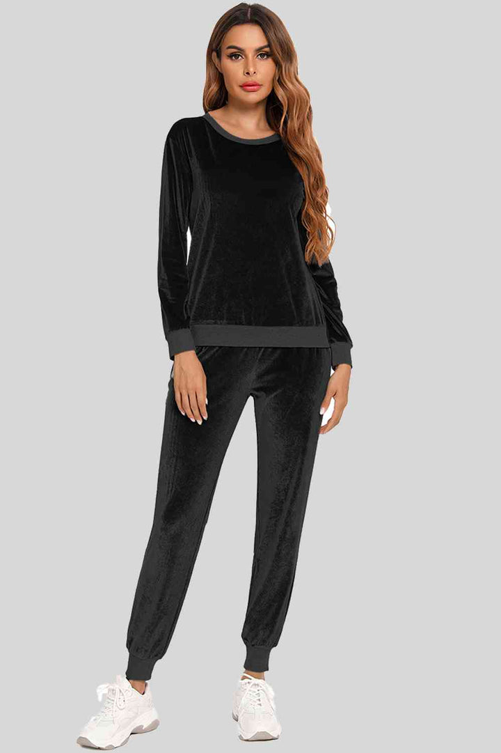 Round Neck Long Sleeve Loungewear Set with Pockets | 1mrk.com