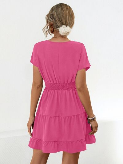 Ruffled Smocked V-Neck Tiered Dress |1mrk.com