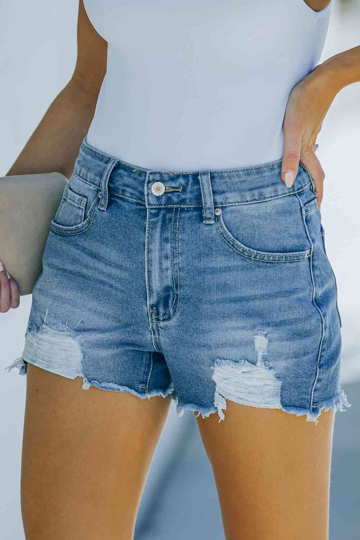 Frayed Hem Distressed Denim Shorts with Pockets | 1mrk.com