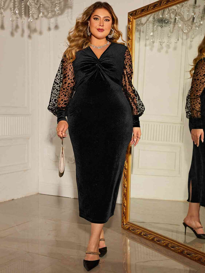 Plus Size Twist Front Lantern Sleeve Slit Dress | 1mrk.com