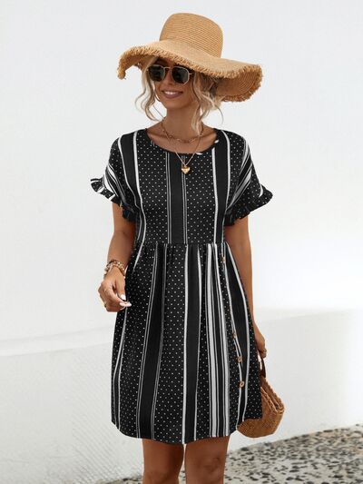 Striped Polka Dot Frill Short Sleeve Mini Dress |1mrk.com