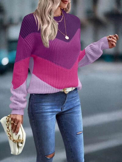 Color Block Round Neck Dropped Shoulder Sweater | Trendsi