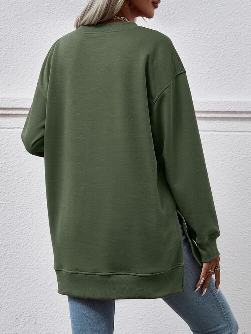 V-Neck Slit Long Sleeve Sweatshirt |1mrk.com