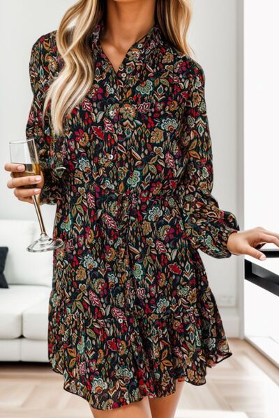 Printed Notched Long Sleeve Dress |1mrk.com