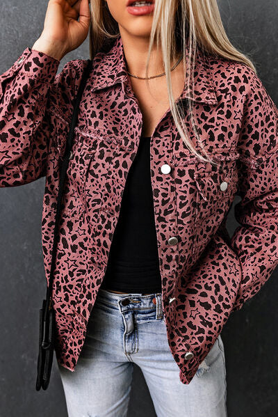Leopard Raw Hem Button Up Denim Jacket |1mrk.com