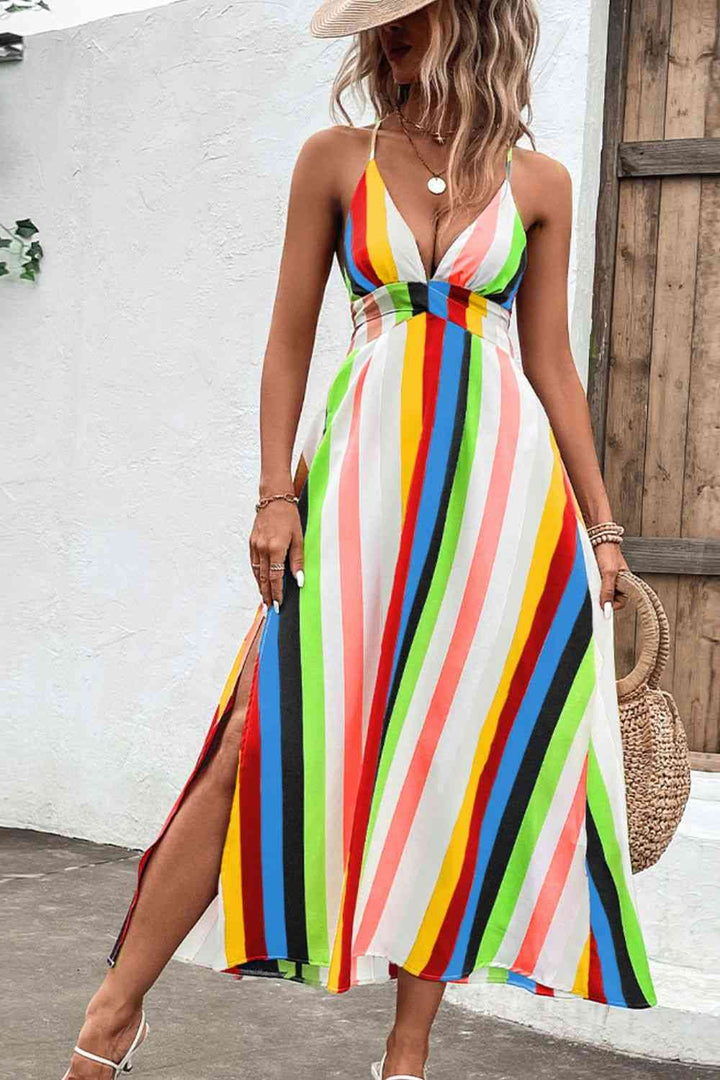 Multicolored Stripe Crisscross Backless Dress |1mrk.com