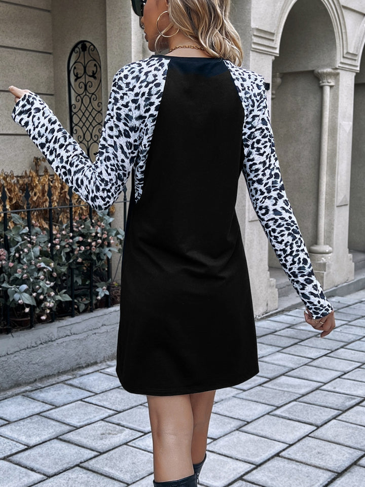 Leopard Round Neck Long Sleeve Dress | Trendsi