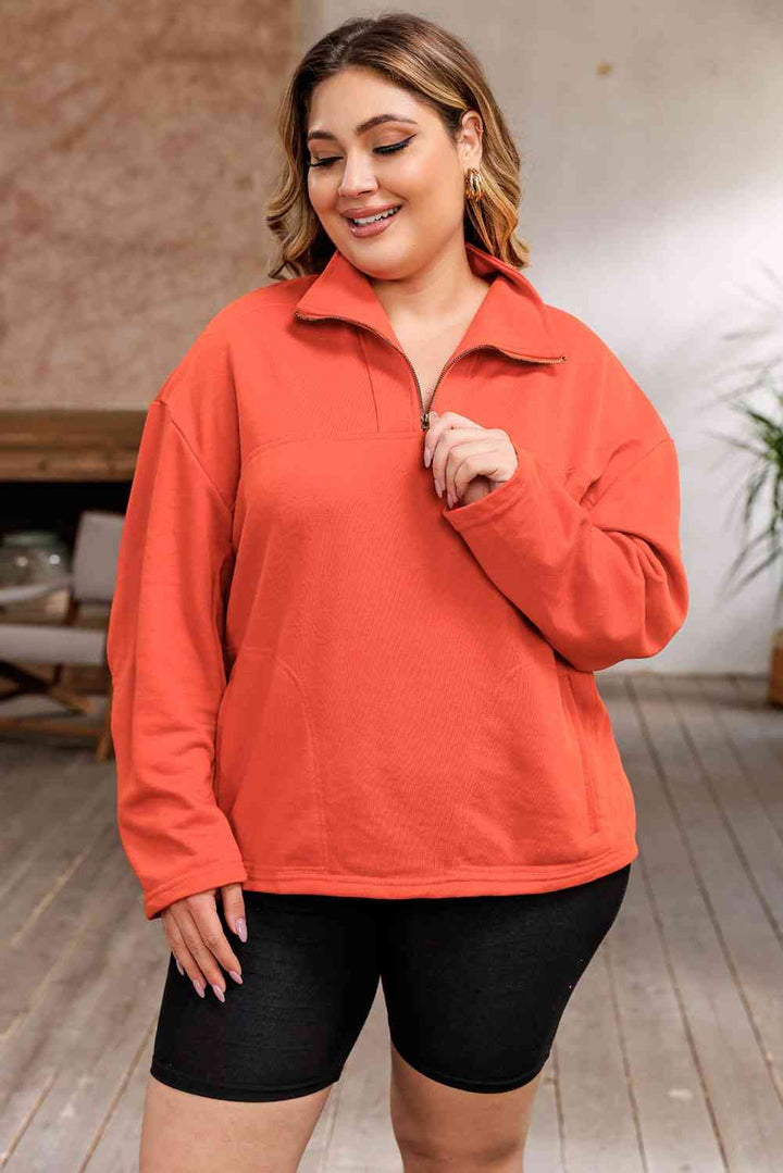 Plus Size Zip-Up Dropped Shoulder Sweatshirt |1mrk.com