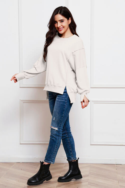 Exposed Seam Long Sleeve Slit Sweatshirt |1mrk.com