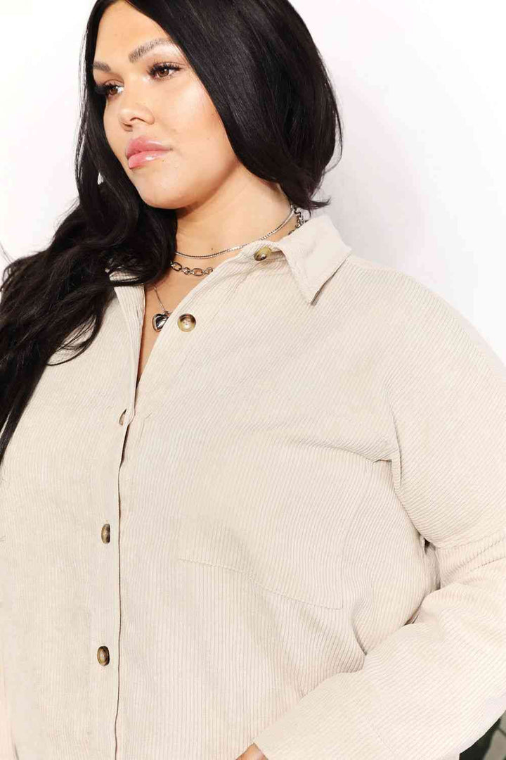 HEYSON Full Size Oversized Corduroy  Button-Down Tunic Shirt with Bust Pocket |1mrk.com