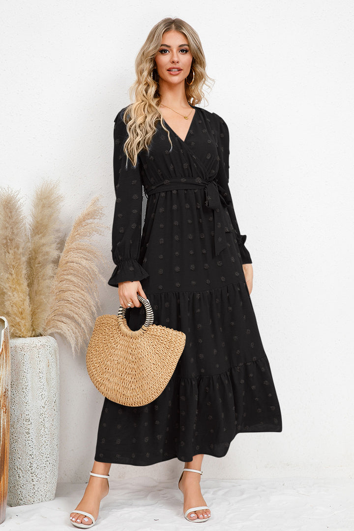 Swiss Dot Tied Surplice Flounce Sleeve Dress | Trendsi