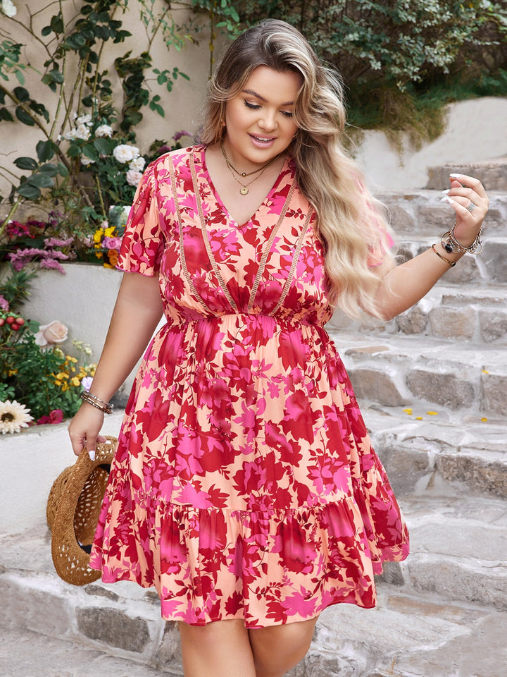 Plus Size Printed V-Neck Flutter Sleeve Dress | Trendsi