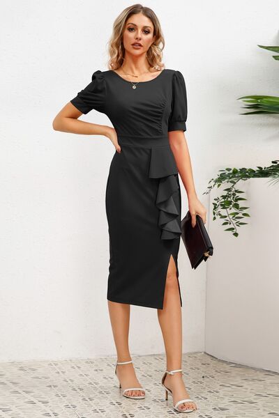 Slit Ruffled Puff Sleeve Midi Dress |1mrk.com