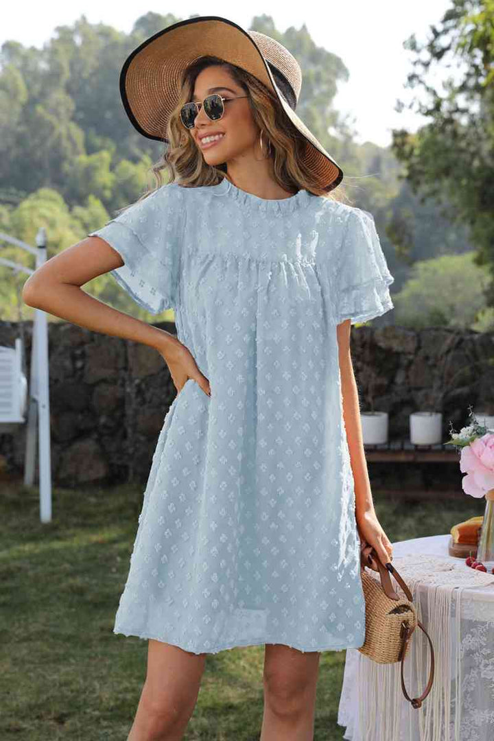 Swiss Dot Round Neck Flutter Sleeve Dress |1mrk.com