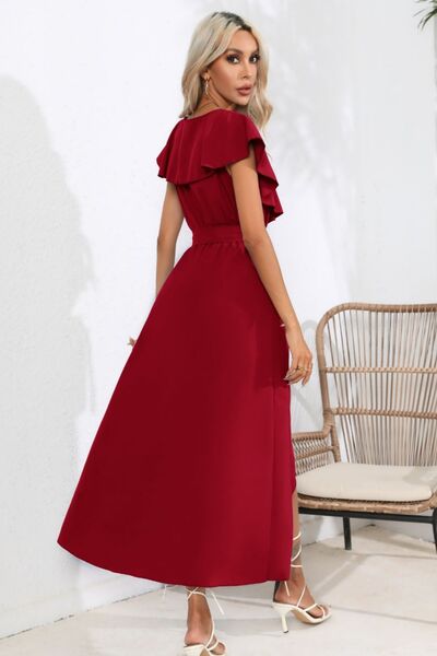 Ruffled Tied V-Neck Midi Dress |1mrk.com