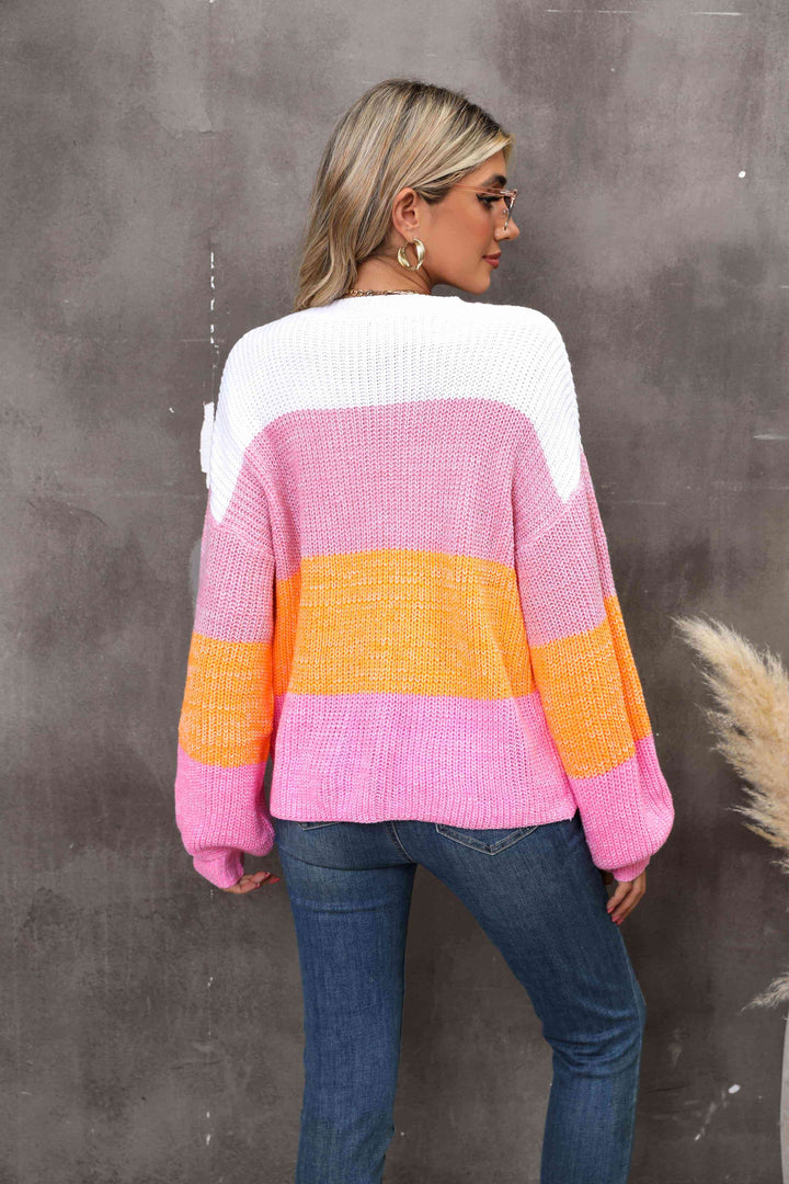 Color Block Round Neck Dropped Shoulder Sweater |1mrk.com