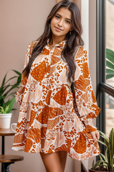 Printed Tiered Half Button Lantern Sleeve Mini Dress |1mrk.com