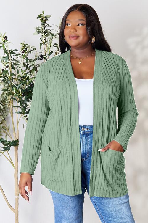 Basic Bae Full Size Ribbed Open Front Cardigan with Pockets | Trendsi