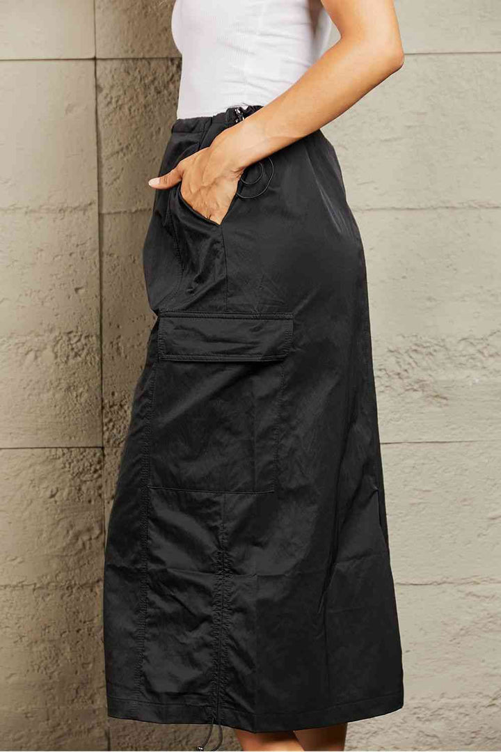 HYFVE Just In Time High Waisted Cargo Midi Skirt in Black |1mrk.com