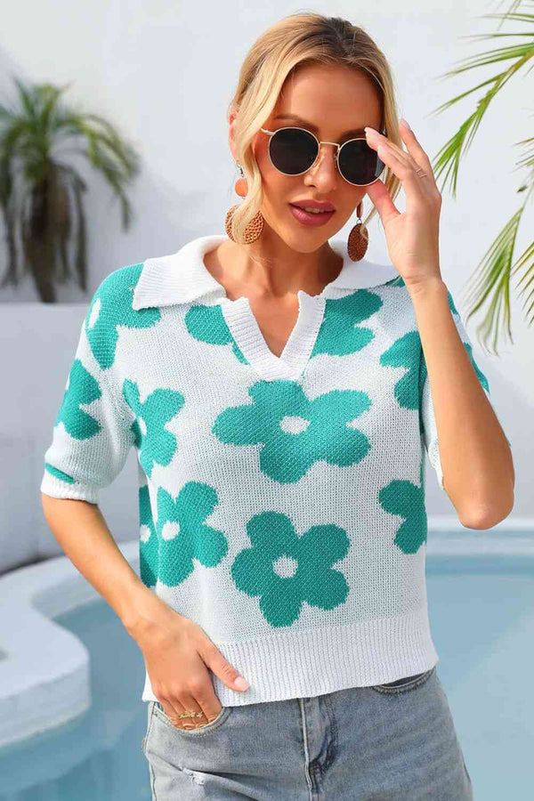 Floral Johnny Collar Half Sleeve Knit Top |1mrk.com