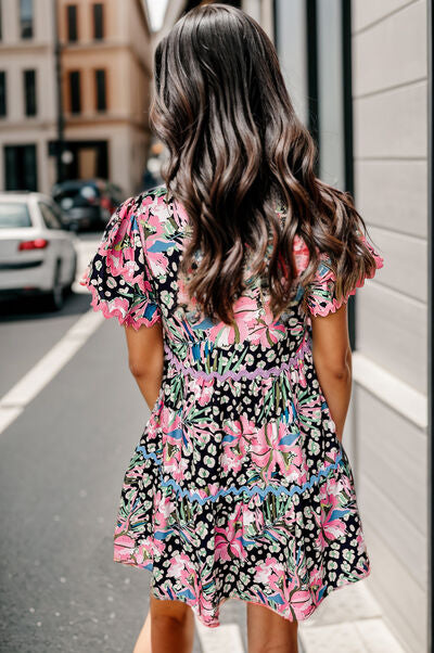 Printed Ruffle Hem Short Sleeve Mini Dress |1mrk.com