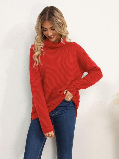 Slit Turtleneck Dropped Shoulder Sweater |1mrk.com