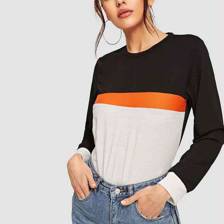 Color Block Round Neck Long Sleeve Tee | 1mrk.com