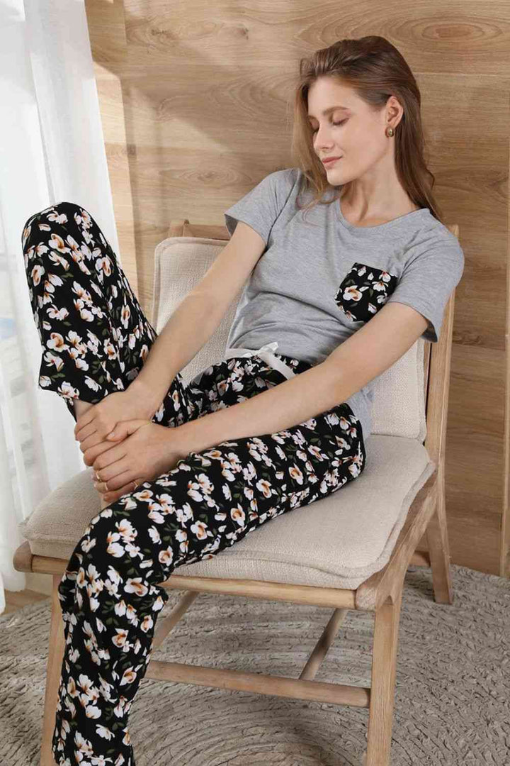 Round Neck T-Shirt and Floral Pants Lounge Set | 1mrk.com