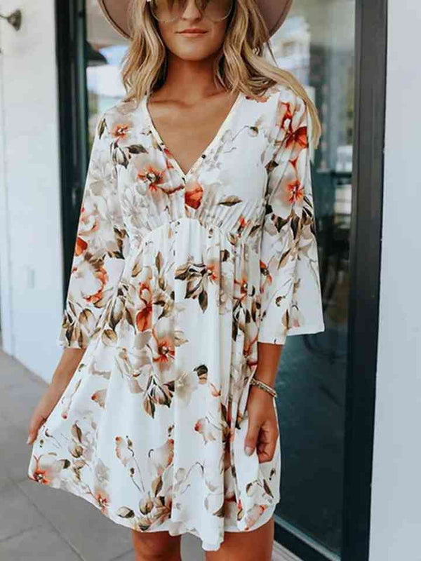 Floral V-Neck Three-Quarter Sleeve Dress |1mrk.com