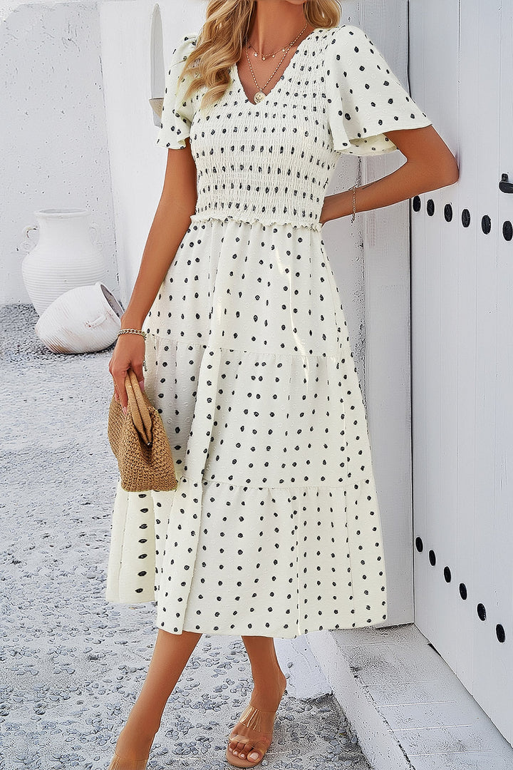 Swiss Dot Short Sleeve Smocked Dress | Trendsi