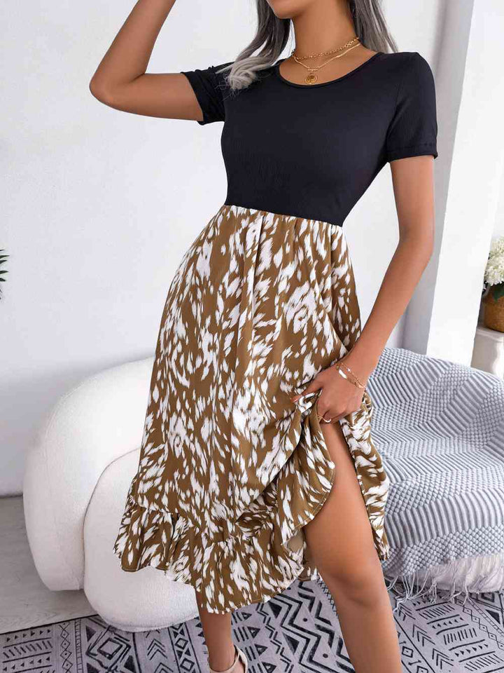 Printed Round Neck Ruffle Hem Dress |1mrk.com