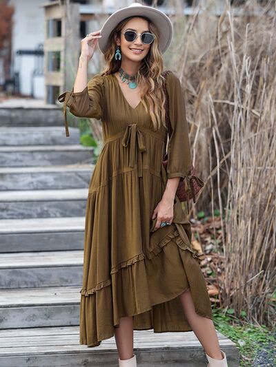 Ruched Frill Long Sleeve Tiered Dress |1mrk.com