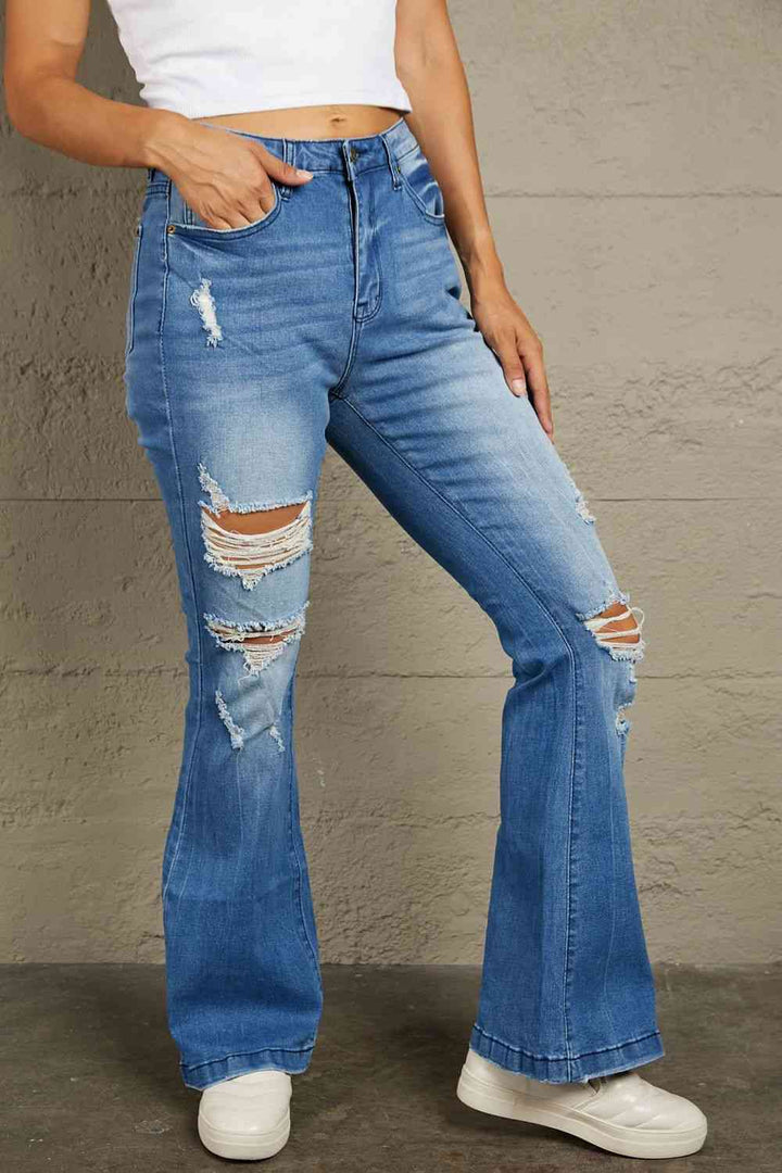 Baeful Distressed Flare Leg Jeans with Pockets |1mrk.com