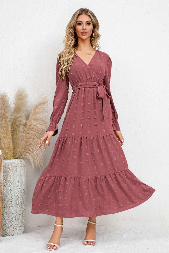 Swiss Dot Tied Surplice Flounce Sleeve Dress | Trendsi