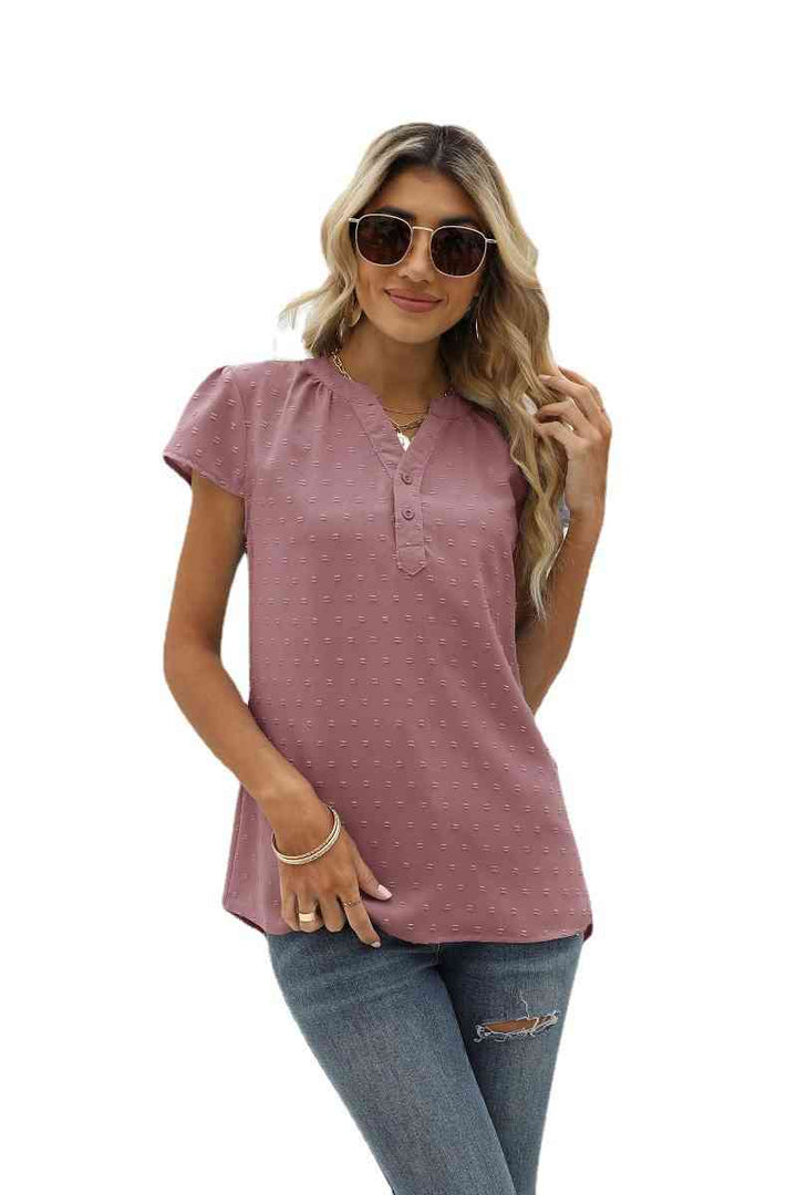 Swiss Dot Notched Neck Short Sleeve Top | 1mrk.com