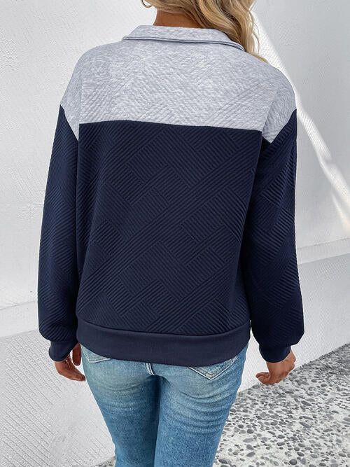 Textured Contrast Half Button Sweatshirt |1mrk.com