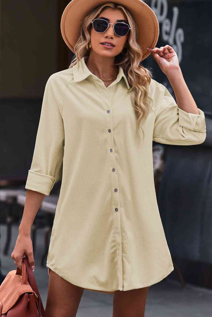Button Front Curved Hem Raglan Sleeve Shirt Dress |1mrk.com