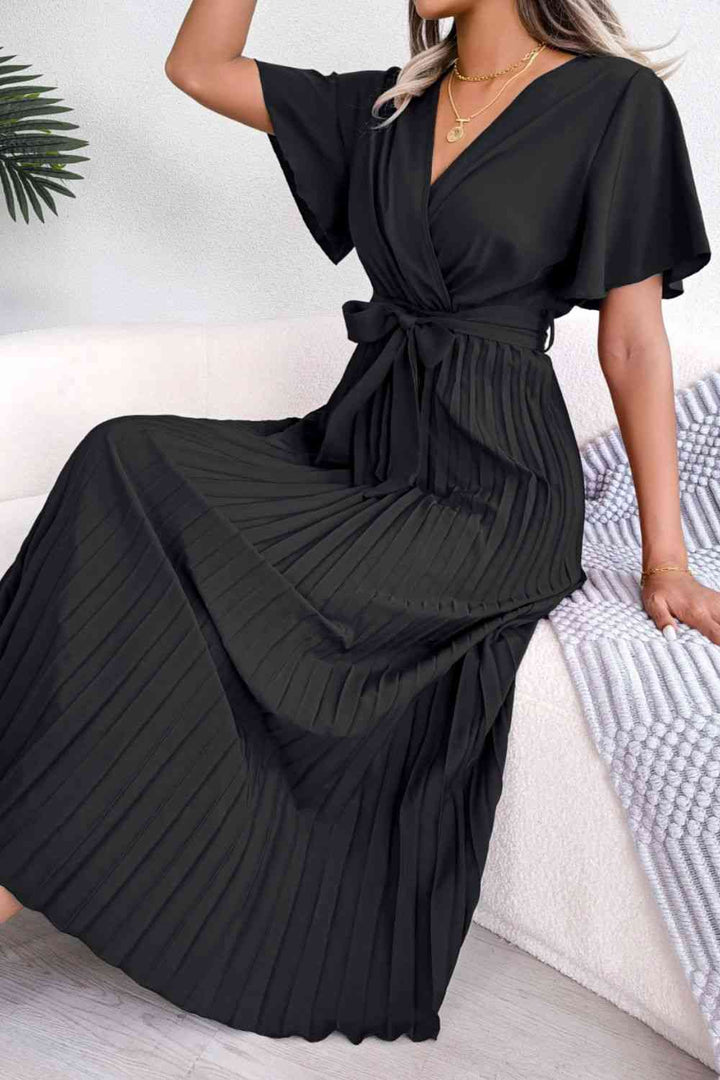 Pleated Flutter Sleeve Belted Dress | 1mrk.com