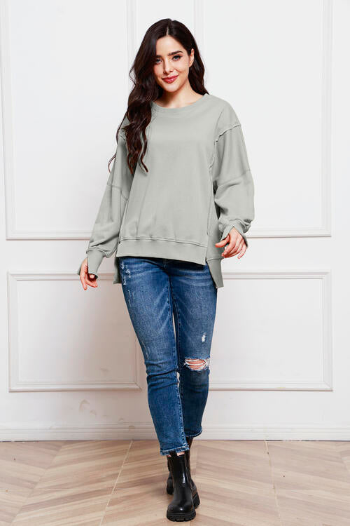 Exposed Seam Long Sleeve Slit Sweatshirt |1mrk.com