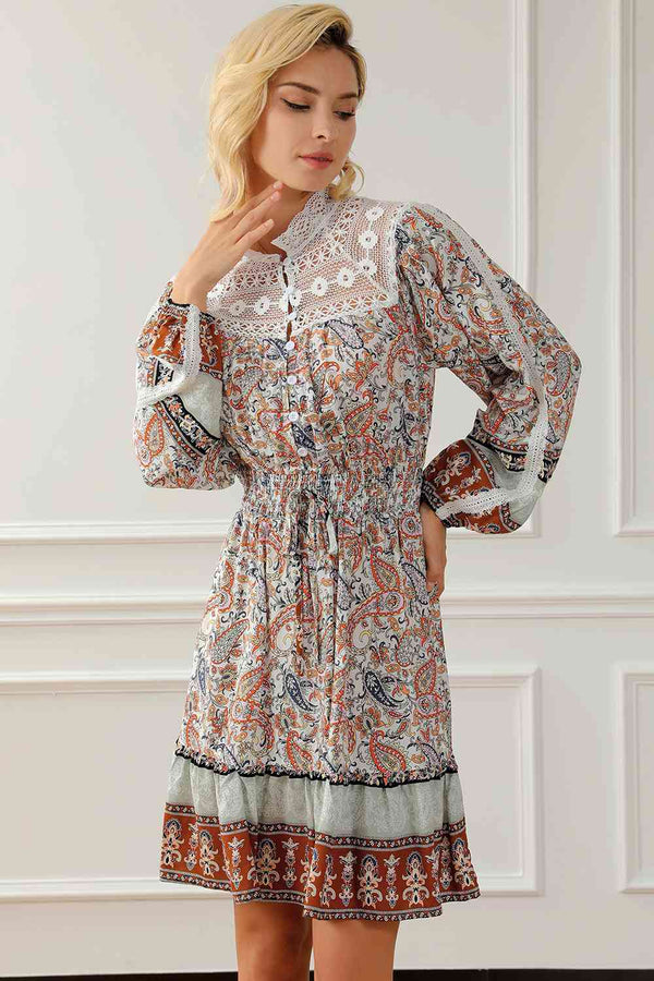 Printed Lace Detail Balloon Sleeve Dress |1mrk.com