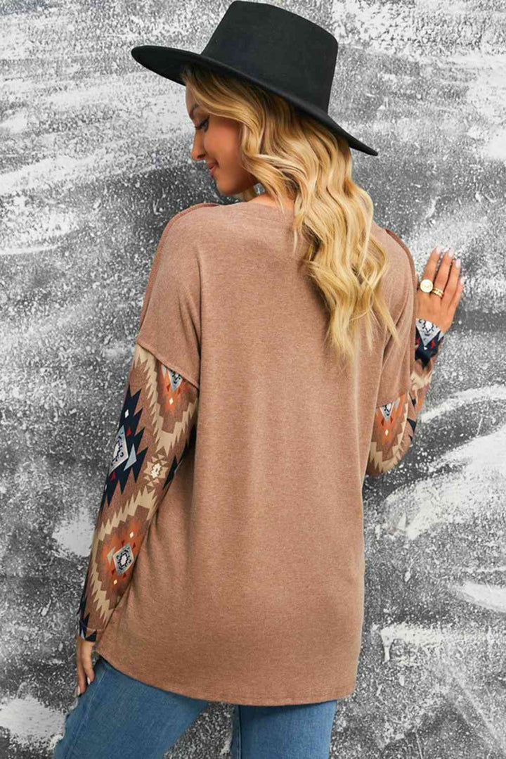 Brown Western Print Buttoned V Neck Top | 1mrk.com