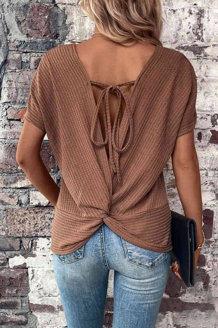 Twisted Back Tie Round Neck T-Shirt | 1mrk.com