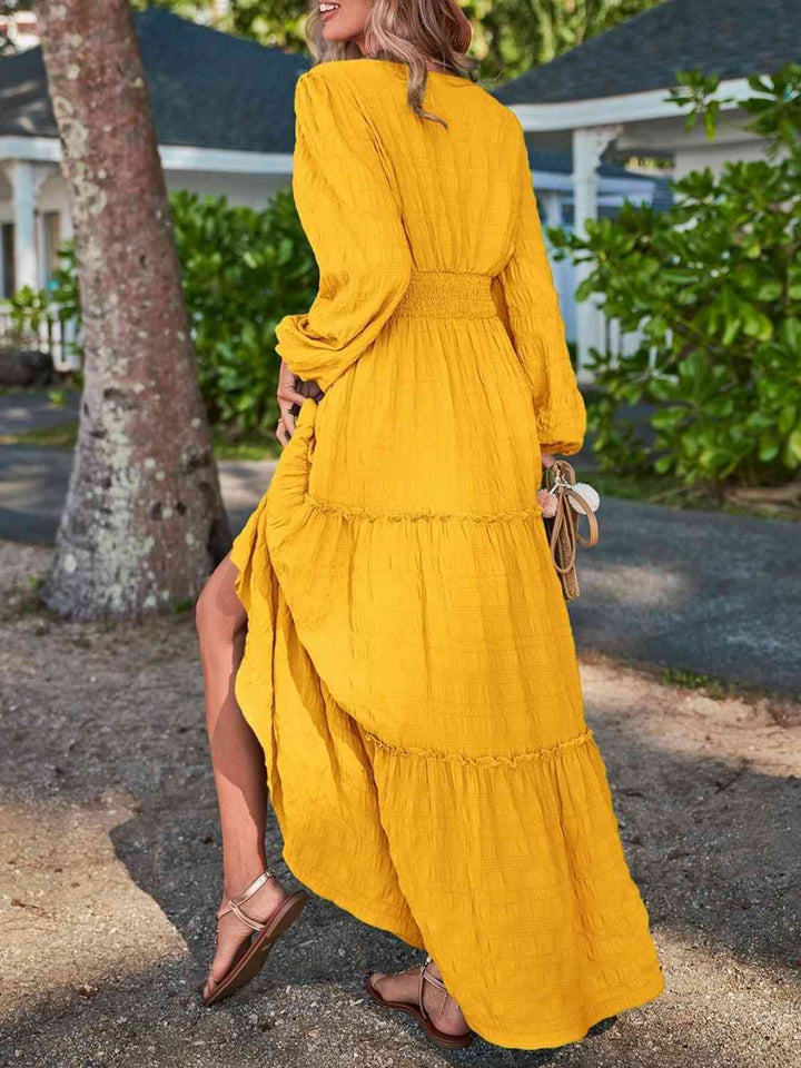 Smocked Waist V-Neck Maxi Dress |1mrk.com