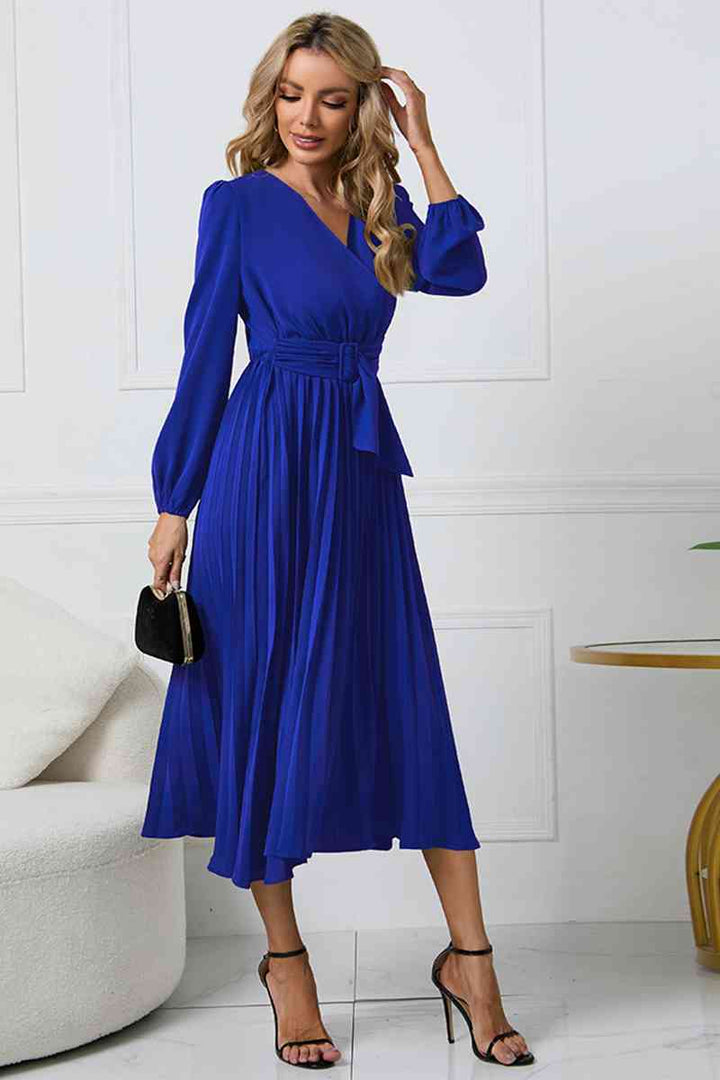 V-Neck Long Sleeve Tie Waist Midi Dress | 1mrk.com