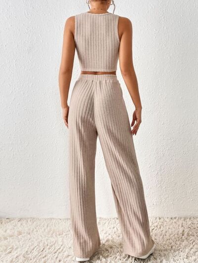 Ribbed Round Neck Tank and Pants Sweater Set |1mrk.com