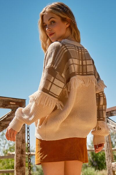 And The Why Plaid Pattern Color Block Fringe Sweater | Trendsi