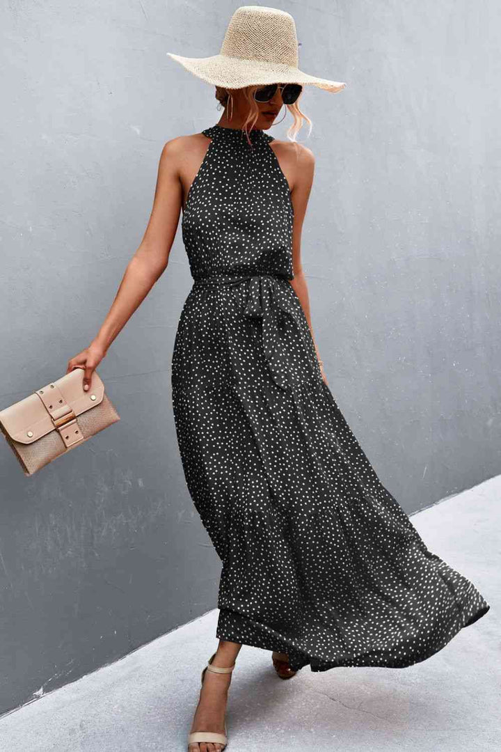 Printed Sleeveless Tie Waist Maxi Dress |1mrk.com