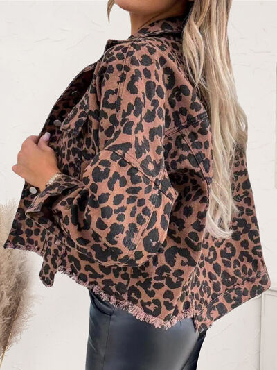 Leopard Raw Hem Dropped Shoulder Denim Jacket | 1mrk.com