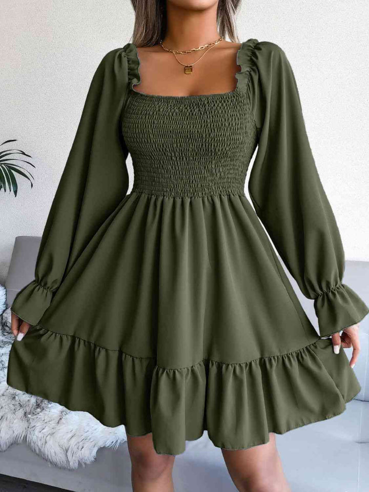 Smocked Flounce Sleeve Square Neck Dress |1mrk.com