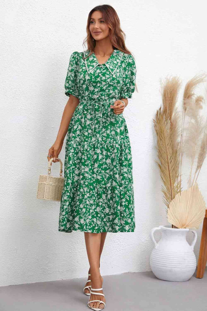 Floral Tie Waist Puff Sleeve Midi Dress |1mrk.com